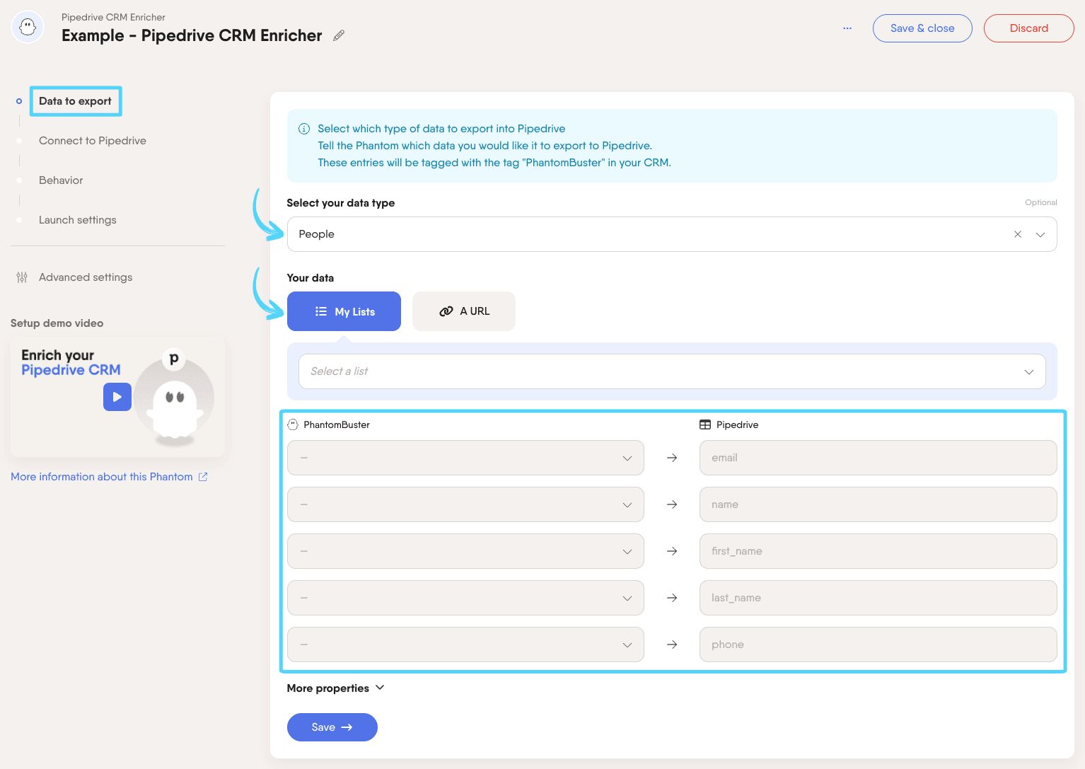 PhantomBuster Pipedrive CRM Enricher step 1 providing your input data