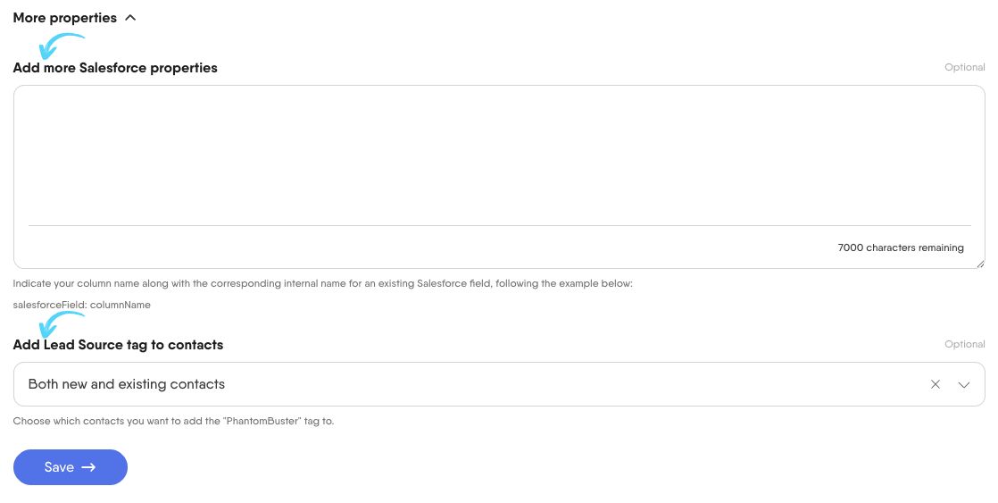 PhantomBuster Salesforce CRM Enricher step 1 adding more Salesforce properties