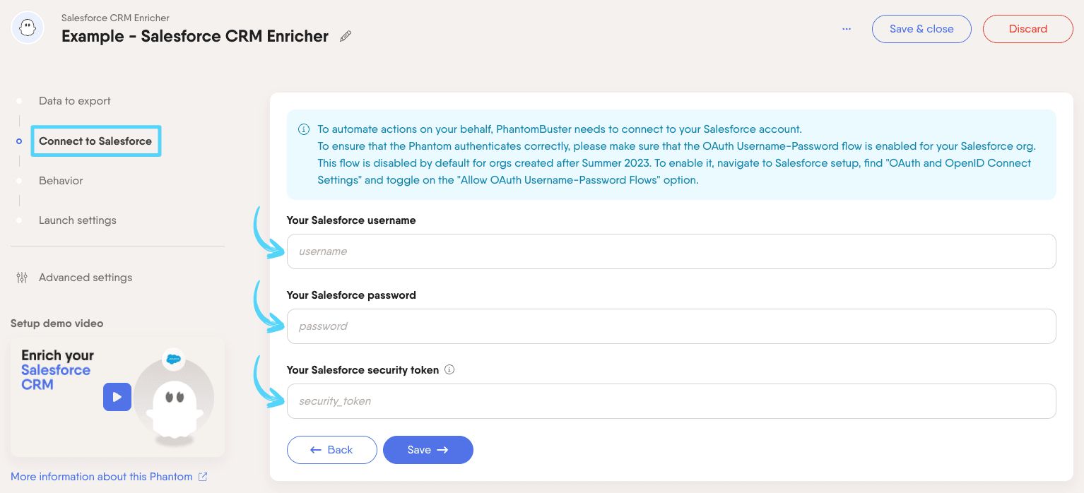 PhantomBuster Salesforce CRM Enricher step 2 connecting with your Salesforce credentials
