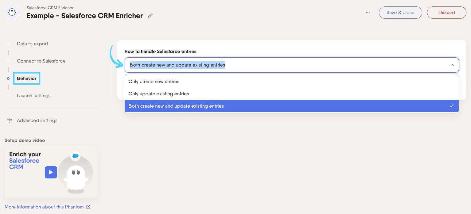 PhantomBuster Salesforce CRM Enricher step 3 configuring enrichment behavior