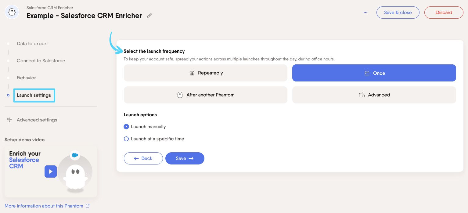 PhantomBuster Salesforce CRM Enricher step 4 selecting launch frequency