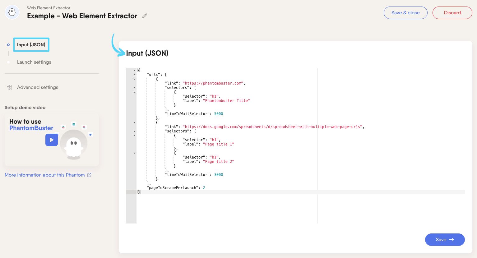 PhantomBuster Web Element Extractor step 1 adding web pages and CSS selectors to extract