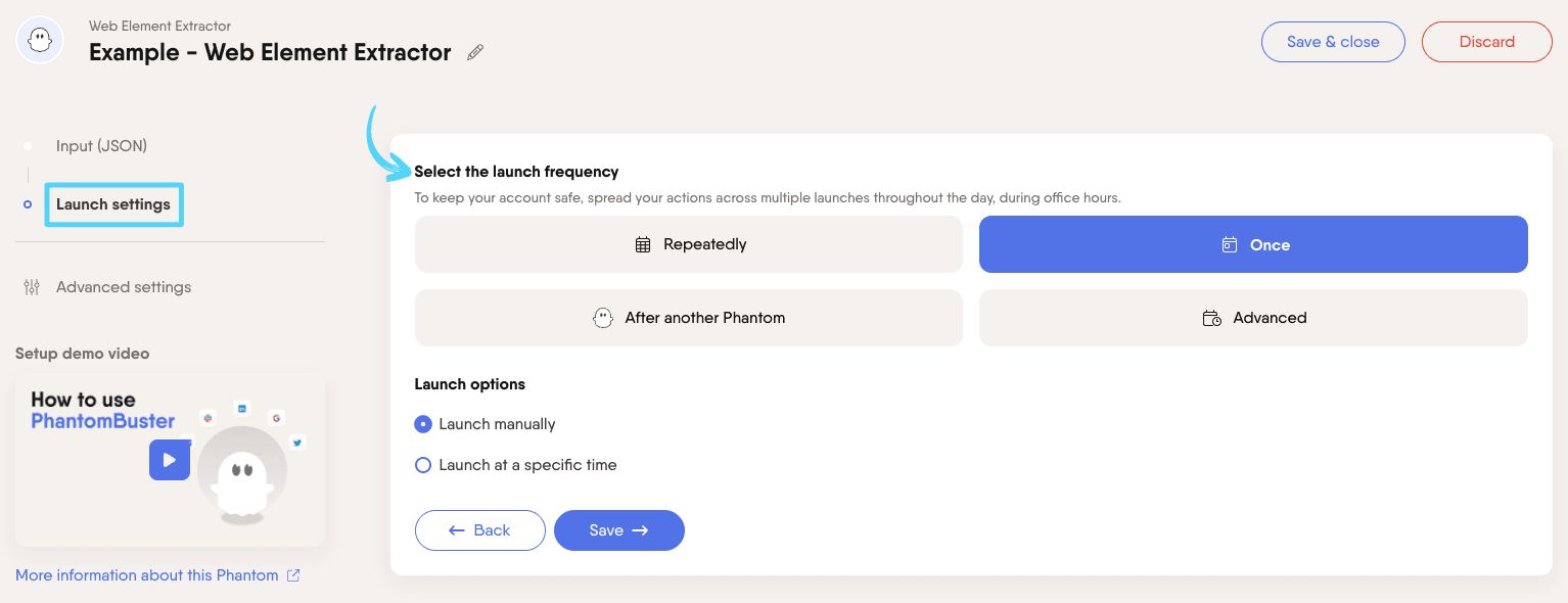 PhantomBuster Web Element Extractor step 2 selecting launch frequency