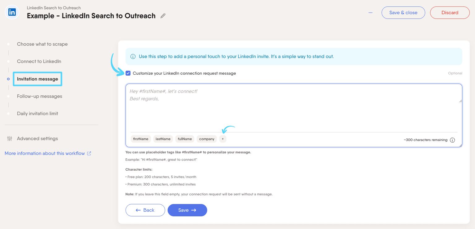 PhantomBuster Workflow step 3 customizing the LinkedIn connection request message