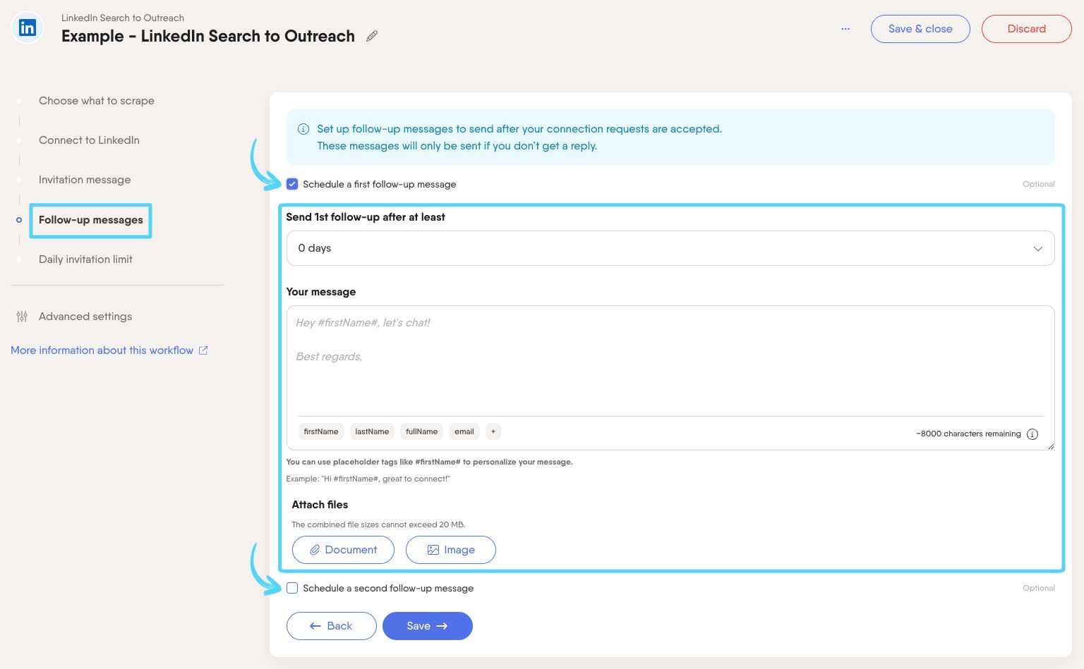 PhantomBuster Workflow step 4 writing and scheduling follow-up messages