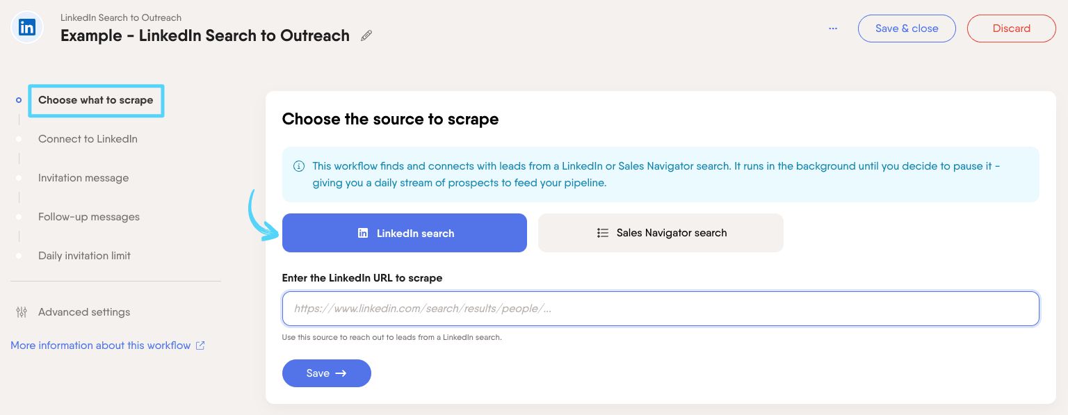 PhantomBuster Workflow step 1 choosing a LinkedIn or Sales Navigator search URL as the source