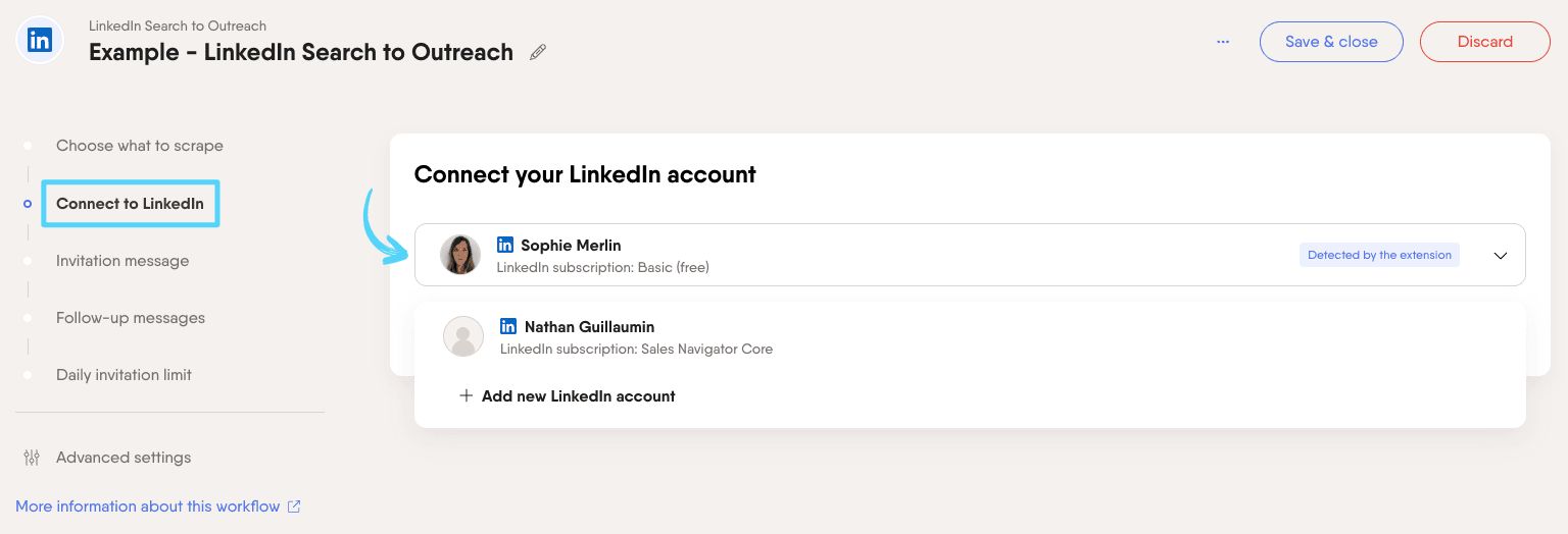 PhantomBuster Workflow step 2 connecting a LinkedIn account