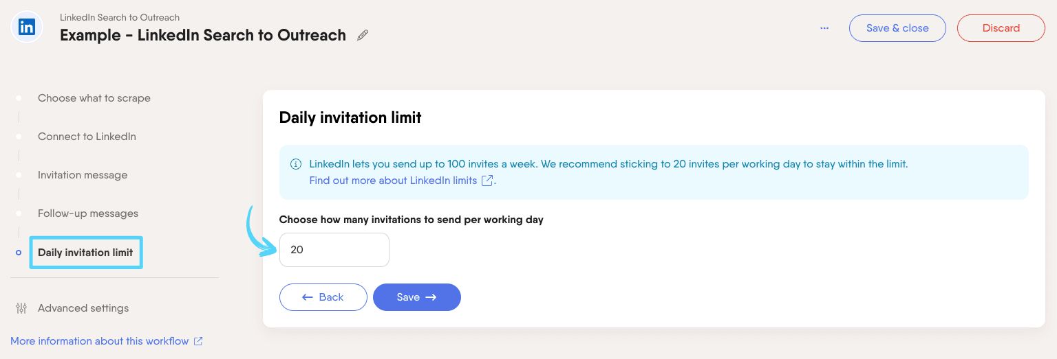 PhantomBuster Workflow step 5 setting the daily invitation limit