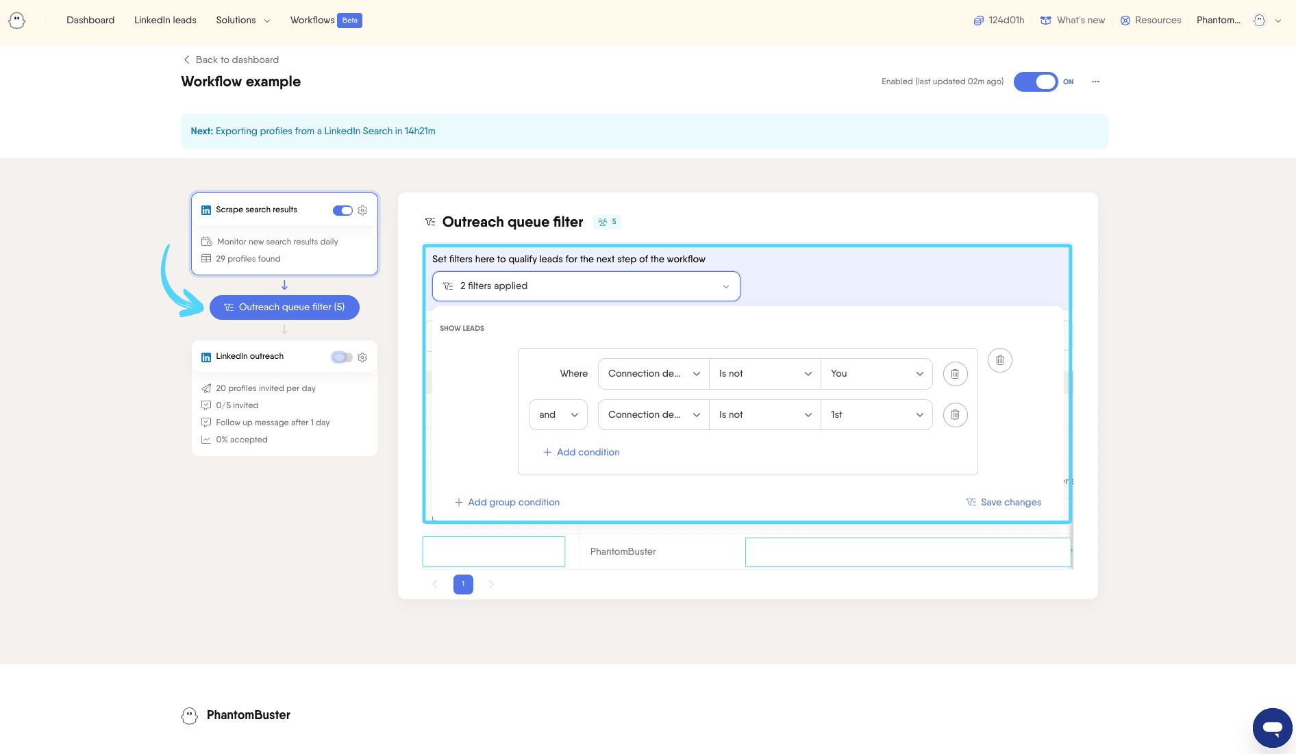 PhantomBuster Workflow Outreach queue filter used to refine the audience