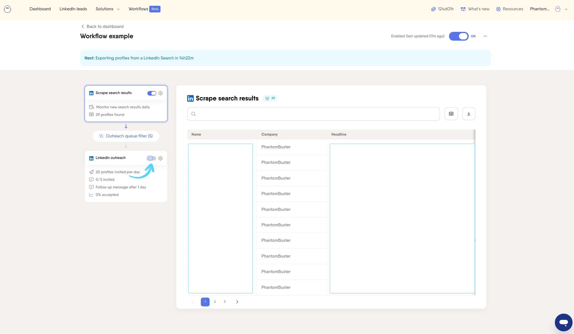 PhantomBuster Workflow LinkedIn outreach toggle to start sending invites