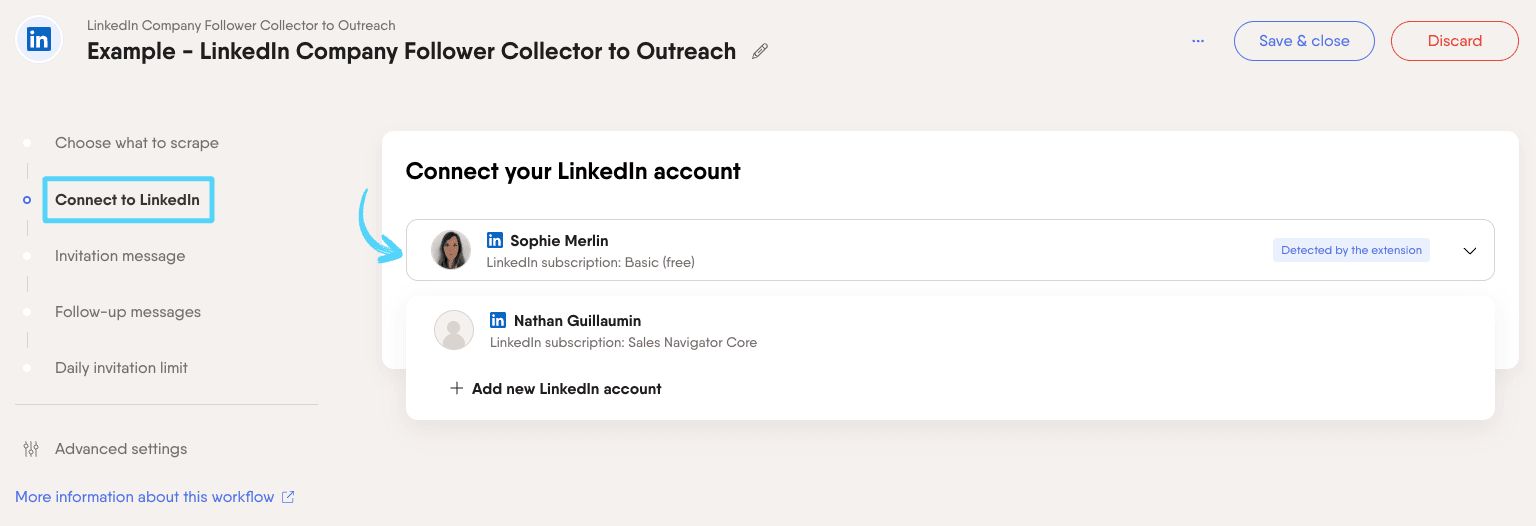 PhantomBuster Workflow step 2 connecting a LinkedIn account