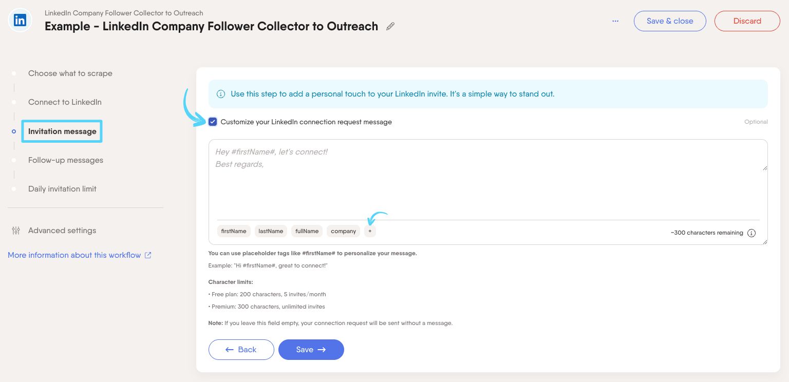 PhantomBuster Workflow step 3 customizing the LinkedIn connection request message
