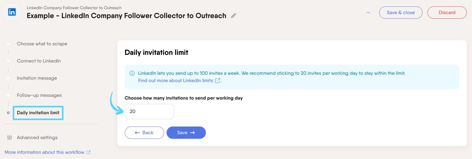 PhantomBuster Workflow step 5 setting the daily invitation limit