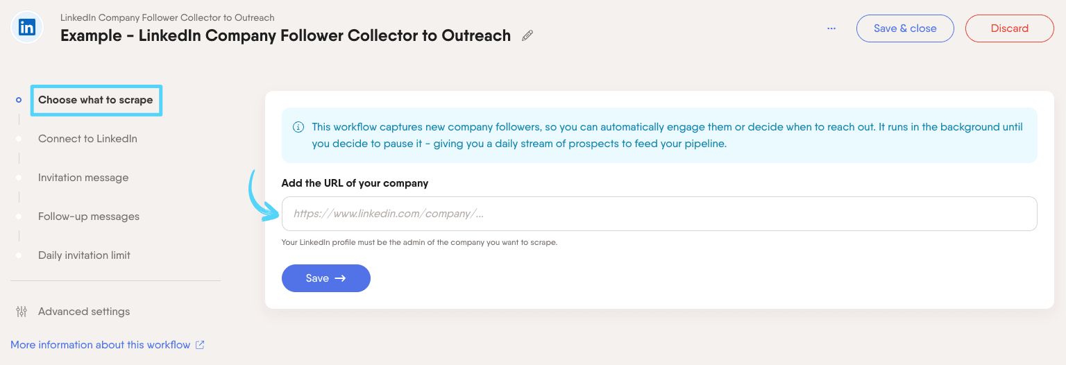PhantomBuster Workflow step 1 pasting the LinkedIn Company Page URL