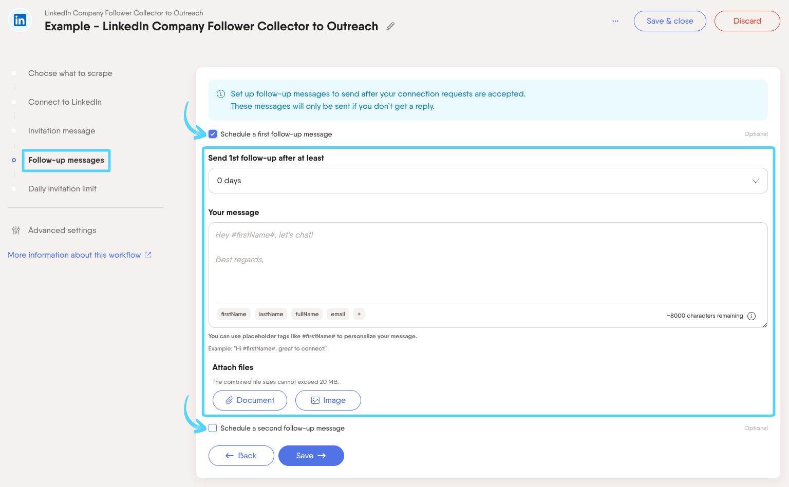 PhantomBuster Workflow step 4 writing and scheduling follow-up messages
