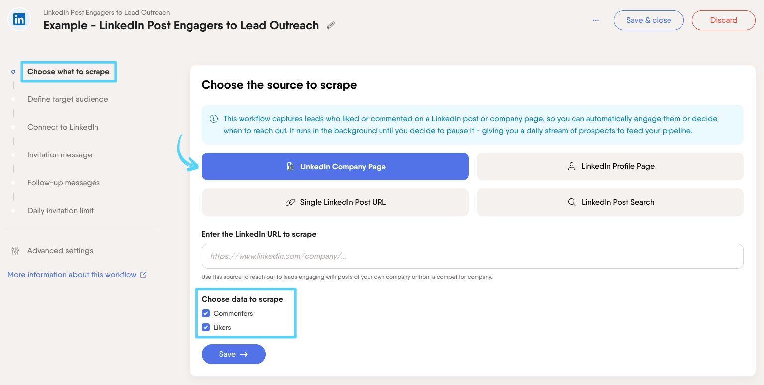 PhantomBuster Workflow step 1 choosing the LinkedIn source to extract post engagers from