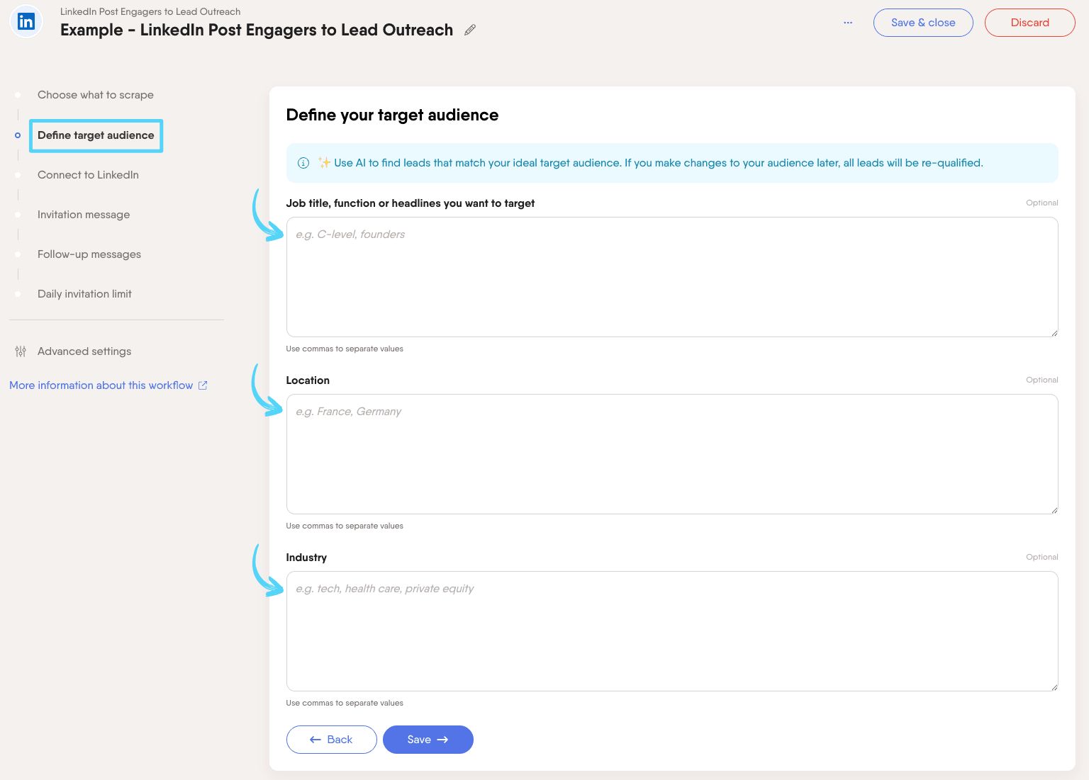PhantomBuster Workflow step 2 defining the target audience with AI filters