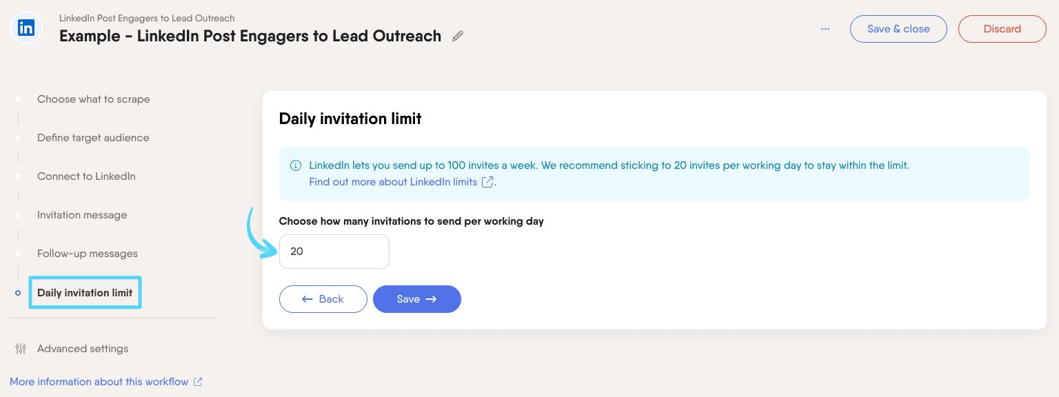 PhantomBuster Workflow step 6 setting the daily invitation limit