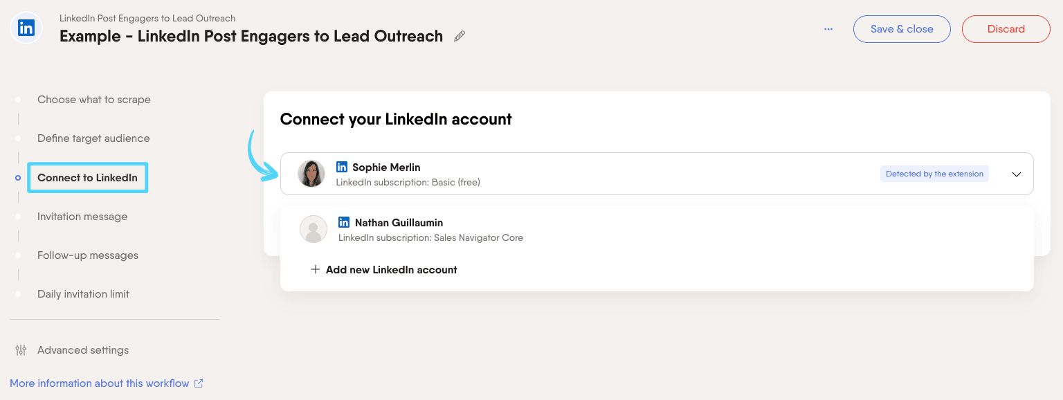 PhantomBuster Workflow step 3 connecting a LinkedIn account