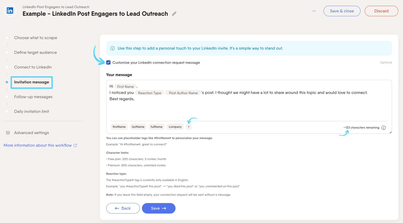 PhantomBuster Workflow step 4 customizing the LinkedIn connection request message