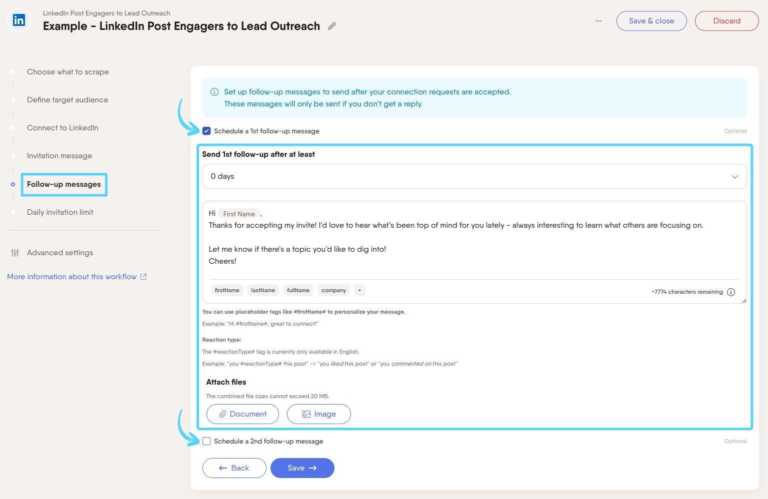 PhantomBuster Workflow step 5 writing and scheduling follow-up messages