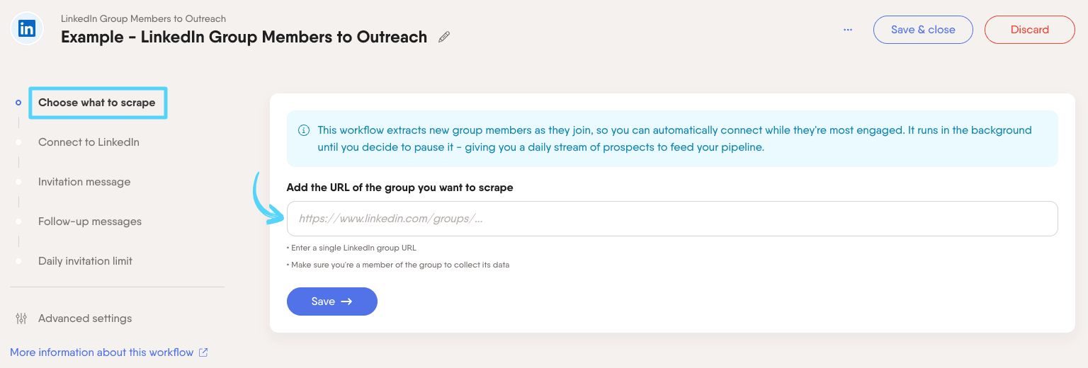 PhantomBuster Workflow step 1 pasting the LinkedIn group URL