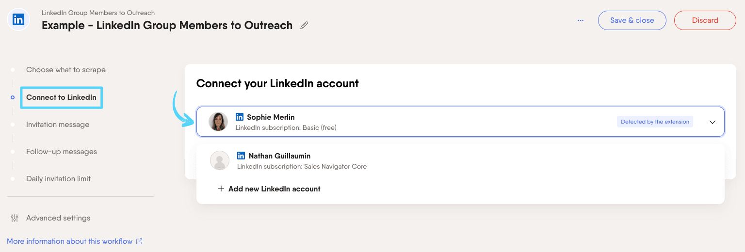 PhantomBuster Workflow step 2 connecting a LinkedIn account