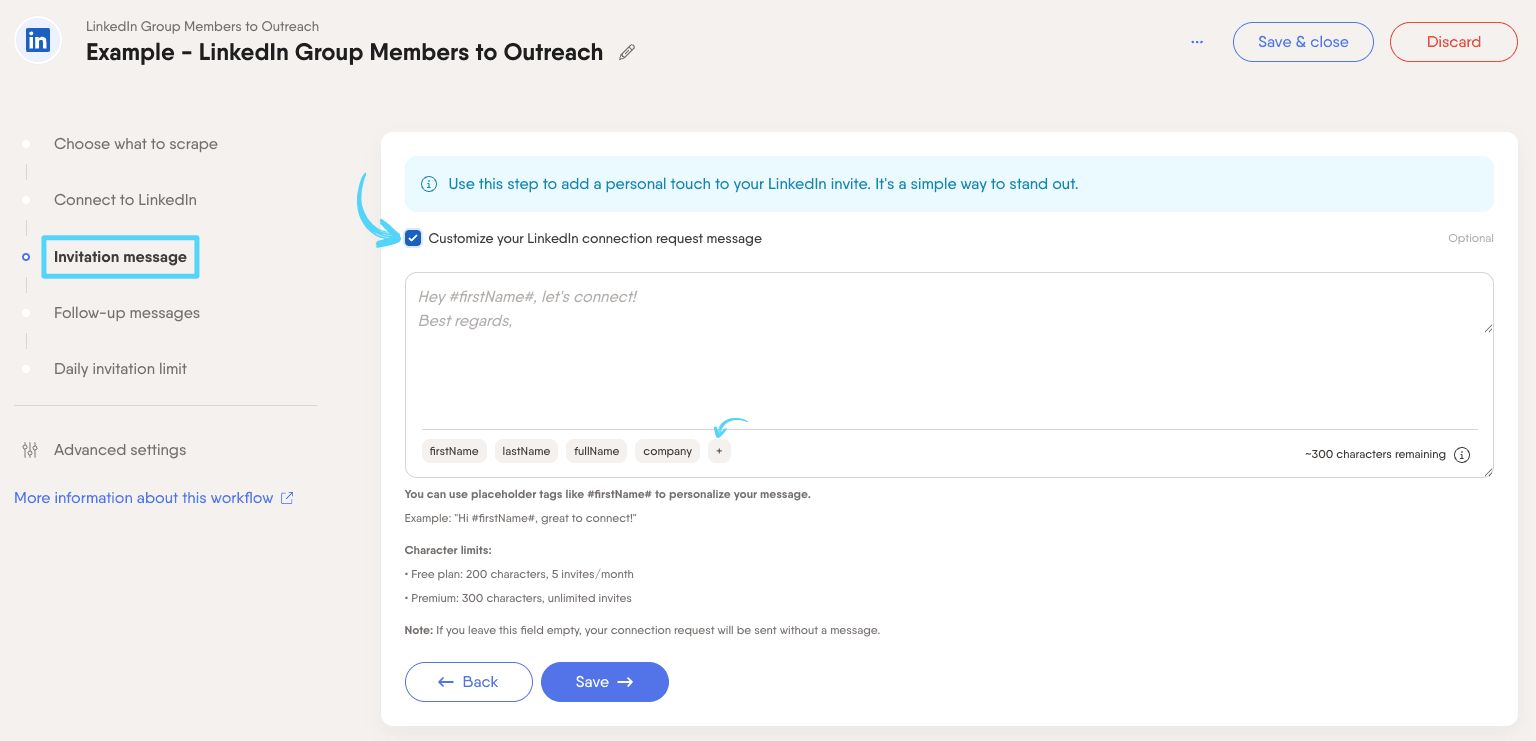 PhantomBuster Workflow step 3 customizing the LinkedIn connection request message