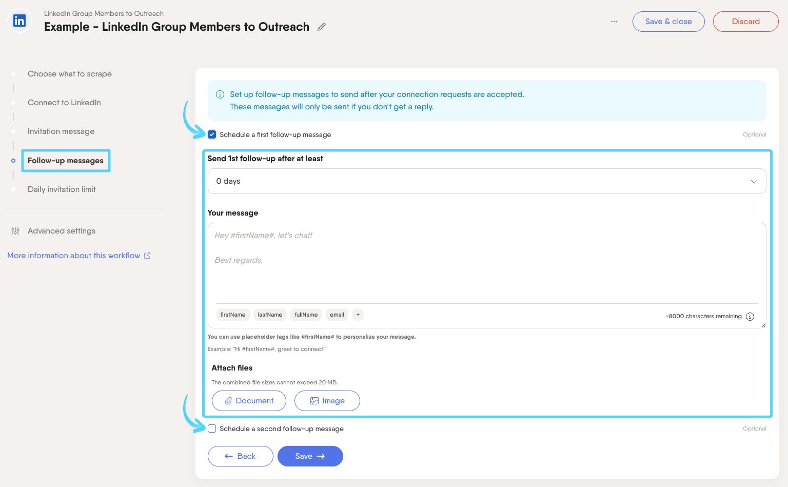 PhantomBuster Workflow step 4 writing and scheduling follow-up messages