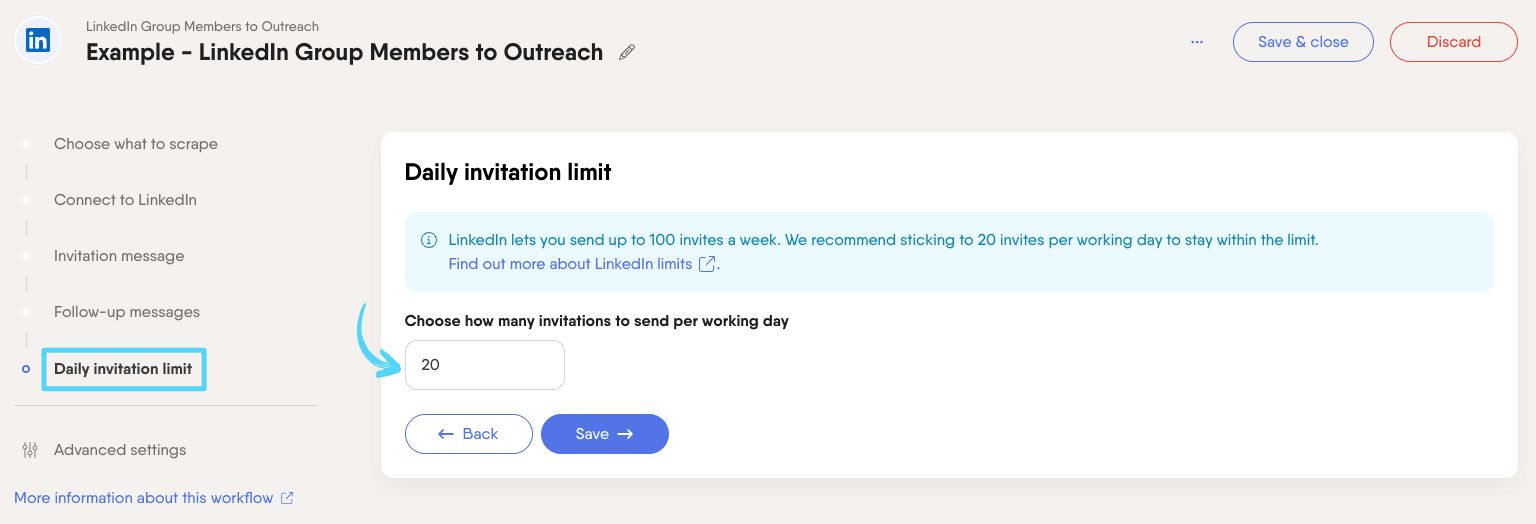 PhantomBuster Workflow step 5 setting the daily invitation limit