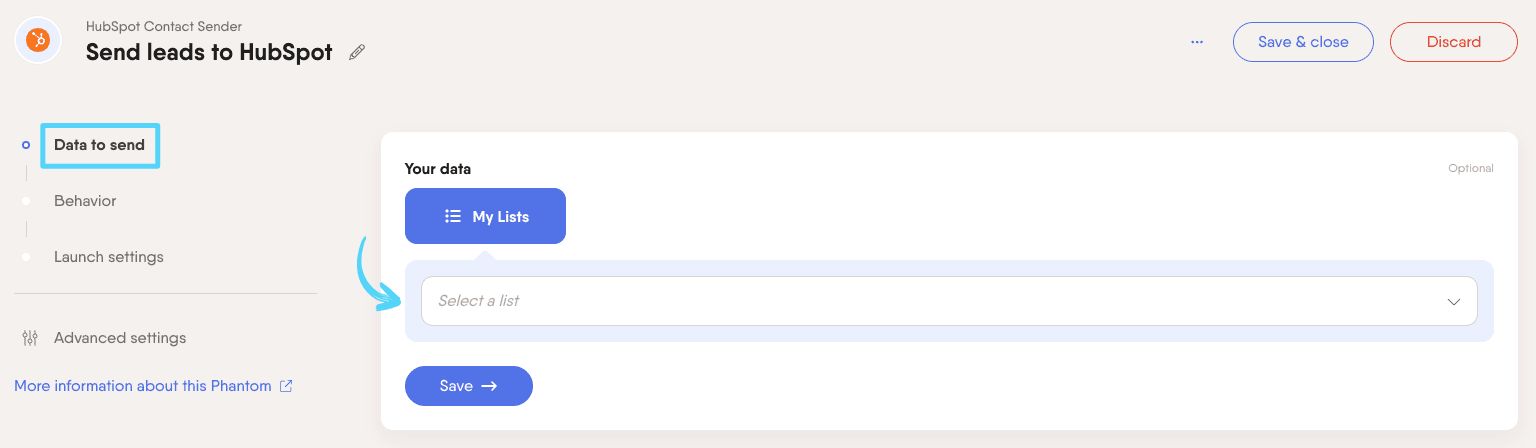 PhantomBuster HubSpot Contact Sender step 1 selecting a list of leads