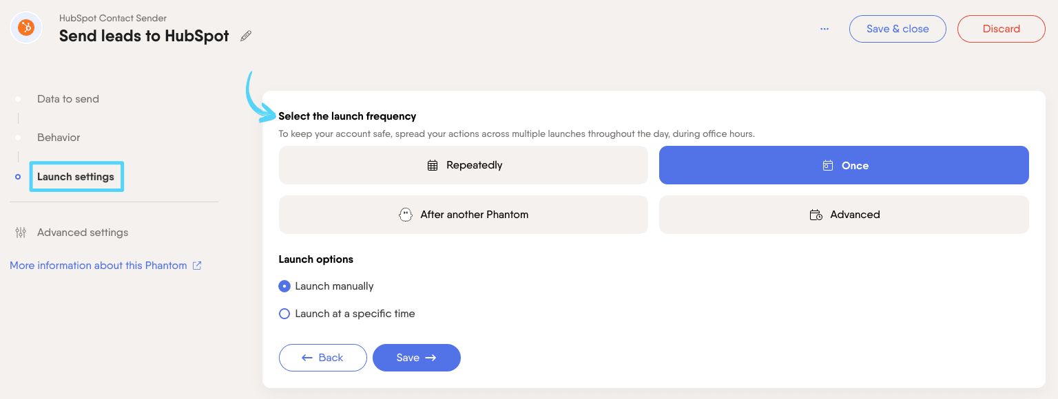 PhantomBuster HubSpot Contact Sender step 3 selecting launch frequency