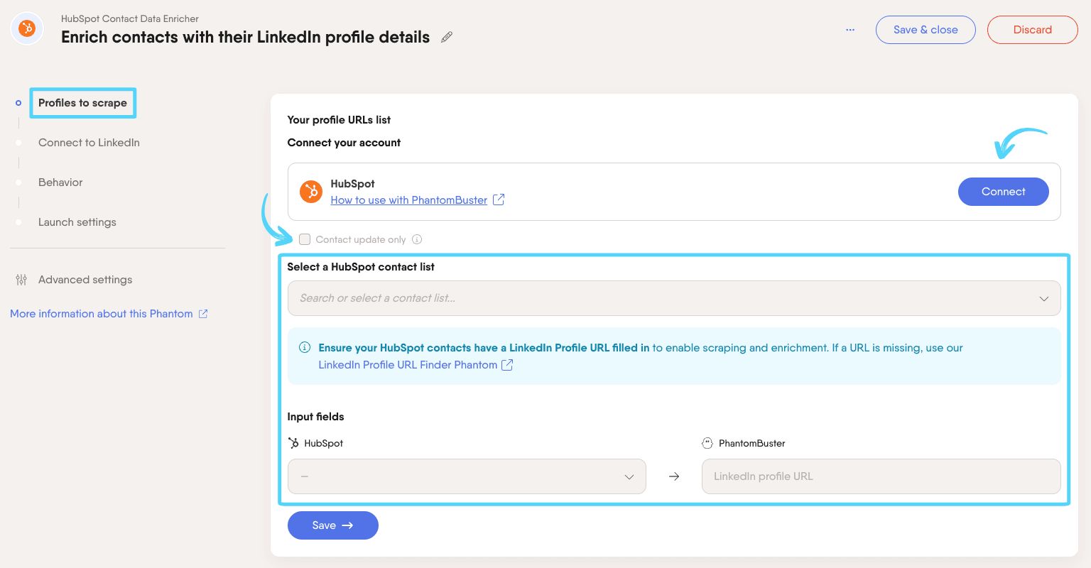 PhantomBuster HubSpot Contact Data Enricher step 1 connecting your HubSpot account and setting field mapping