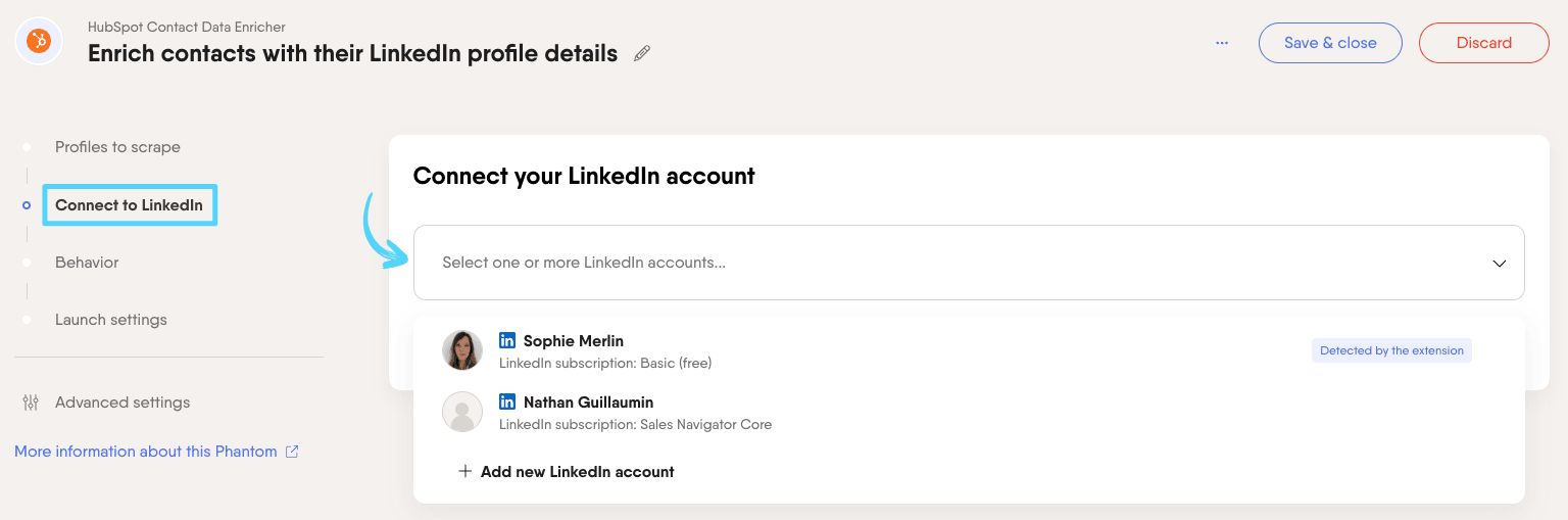 PhantomBuster HubSpot Contact Data Enricher step 2 connecting your LinkedIn account