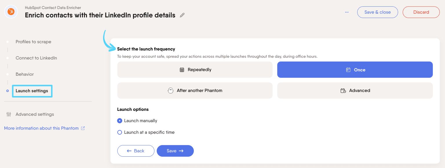 PhantomBuster HubSpot Contact Data Enricher step 4 selecting launch frequency