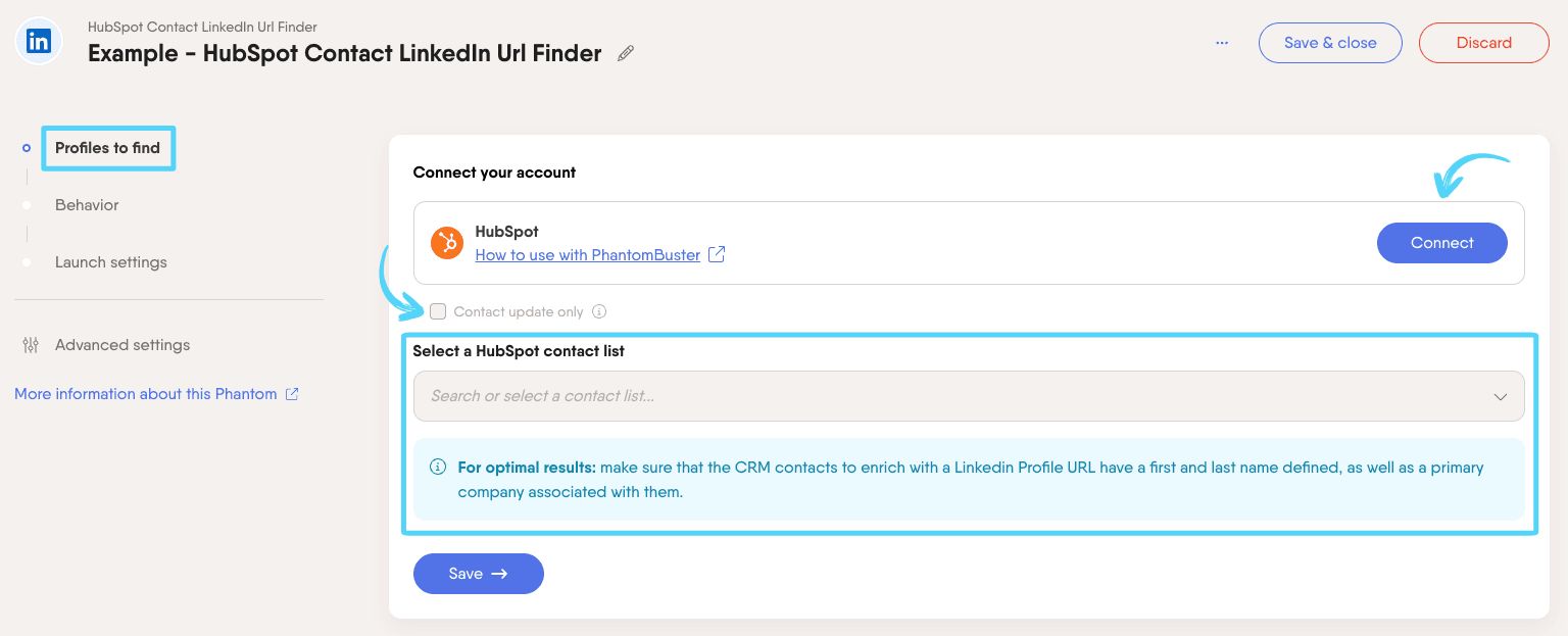 PhantomBuster HubSpot Contact LinkedIn URL Finder step 1 connecting your HubSpot account and selecting a contact segment