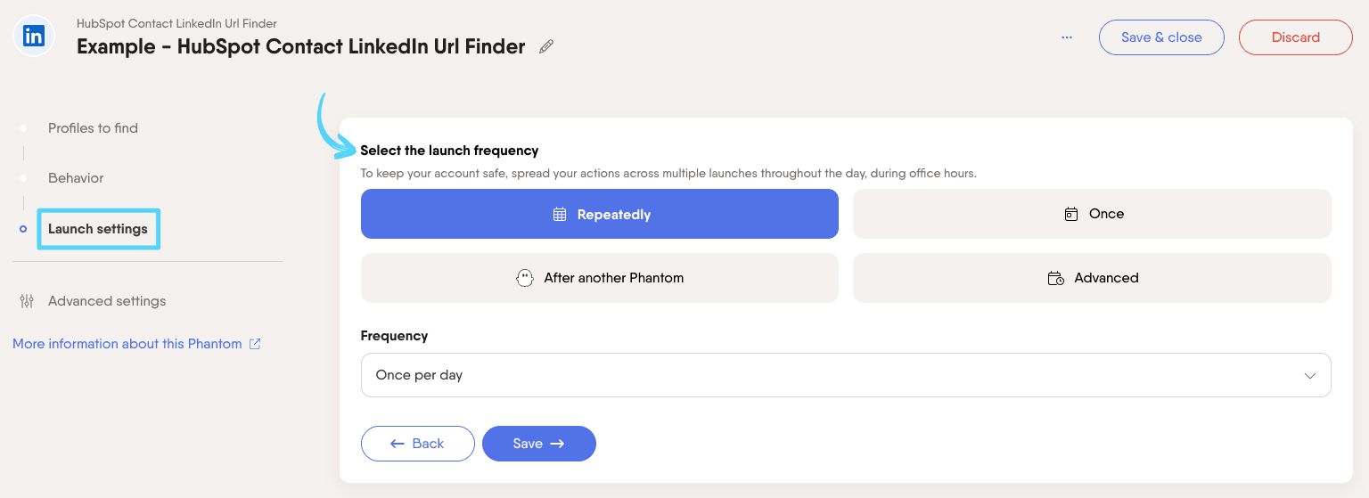 PhantomBuster HubSpot Contact LinkedIn URL Finder step 3 selecting launch frequency