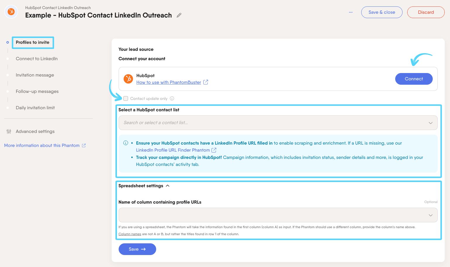 PhantomBuster HubSpot Contact LinkedIn Outreach step 1 connecting your HubSpot account and selecting a contact segment
