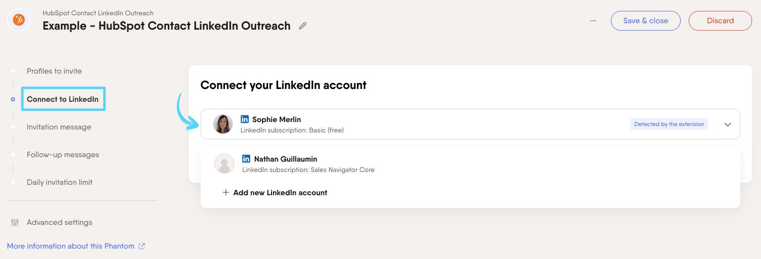 PhantomBuster HubSpot Contact LinkedIn Outreach step 2 connecting your LinkedIn account