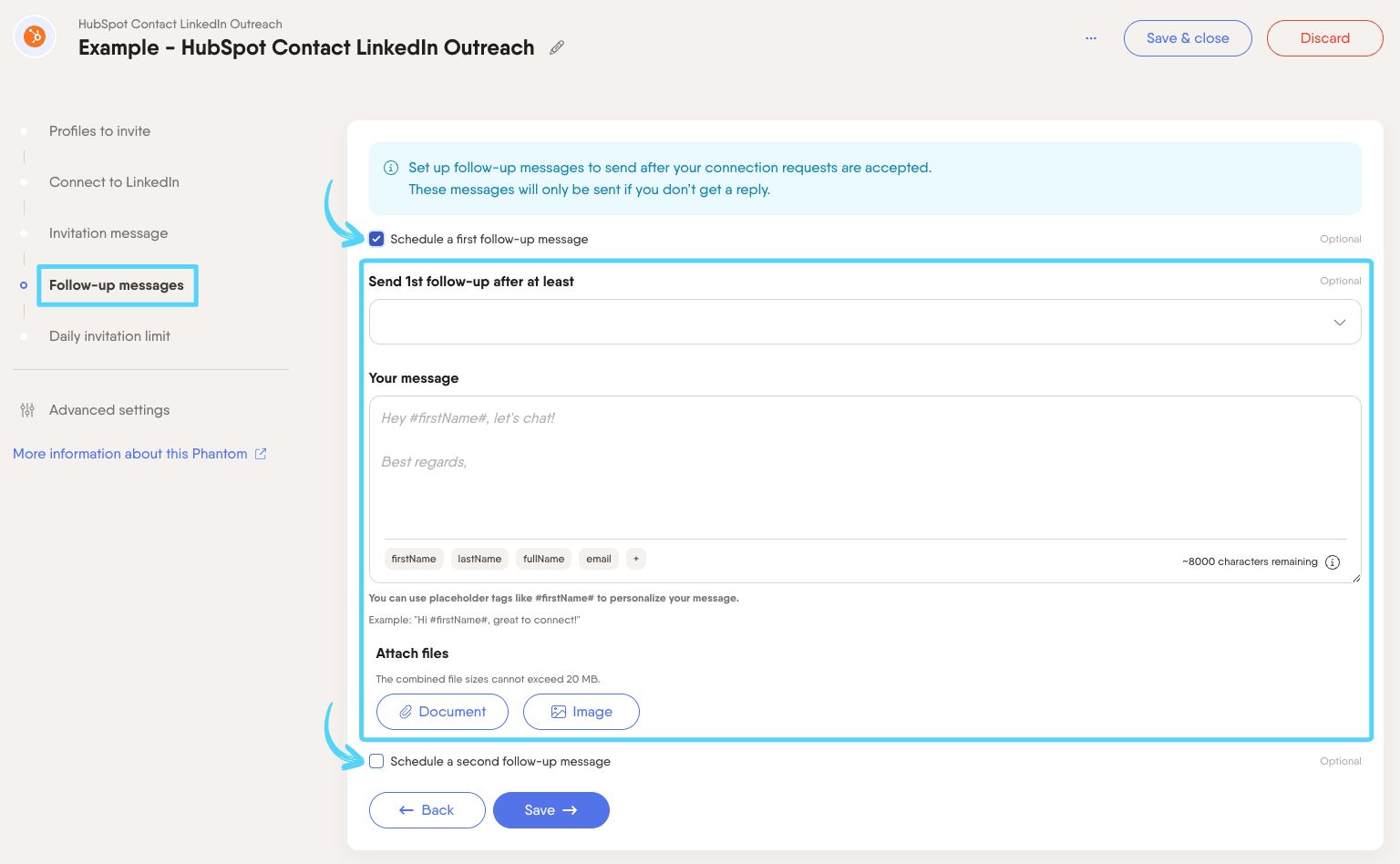 PhantomBuster HubSpot Contact LinkedIn Outreach step 4 writing and scheduling follow-up messages