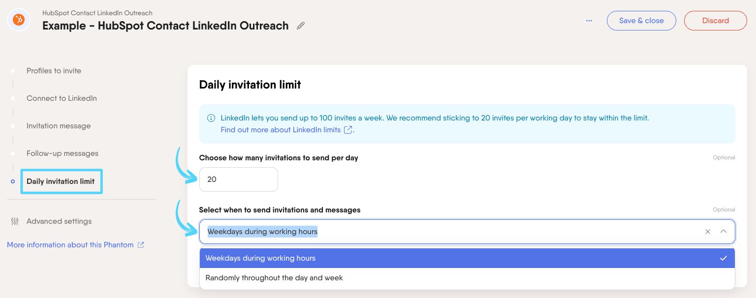 PhantomBuster HubSpot Contact LinkedIn Outreach step 5 setting daily outreach limits and launch schedule