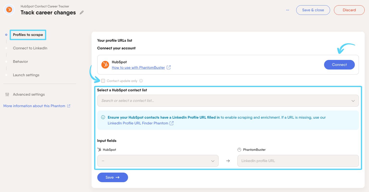 PhantomBuster HubSpot Contact Career Tracker step 1 connecting your HubSpot account and selecting a contact segment