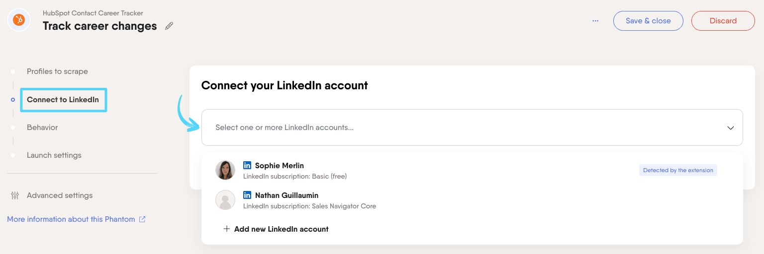PhantomBuster HubSpot Contact Career Tracker step 2 connecting your LinkedIn account