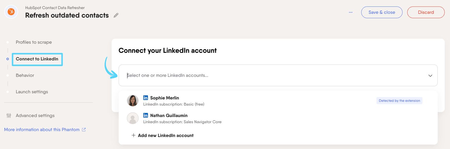 PhantomBuster HubSpot Contact Data Refresher step 2 connecting your LinkedIn account