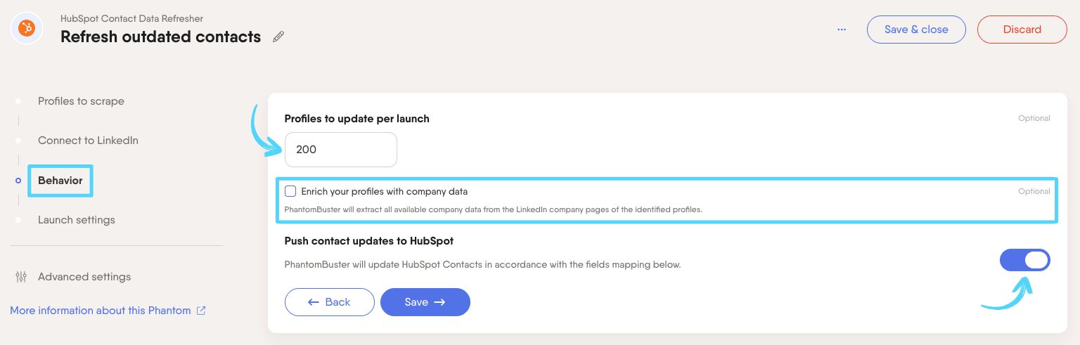 PhantomBuster HubSpot Contact Data Refresher step 3 push contact updates to HubSpot setting