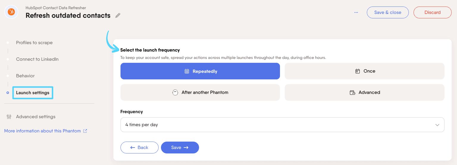 PhantomBuster HubSpot Contact Data Refresher step 4 selecting launch frequency