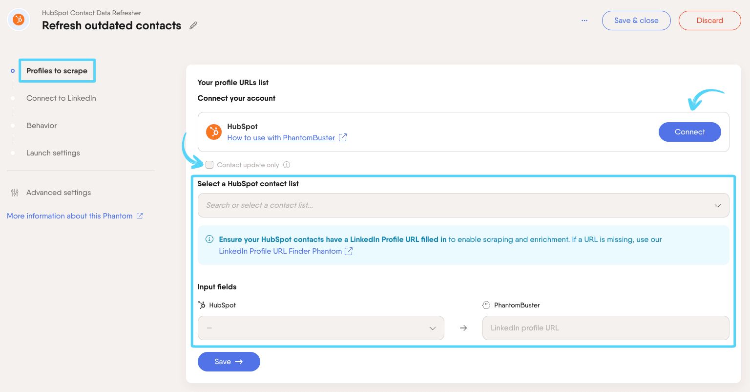 PhantomBuster HubSpot Contact Data Refresher step 1 connecting your HubSpot account and selecting a contact segment