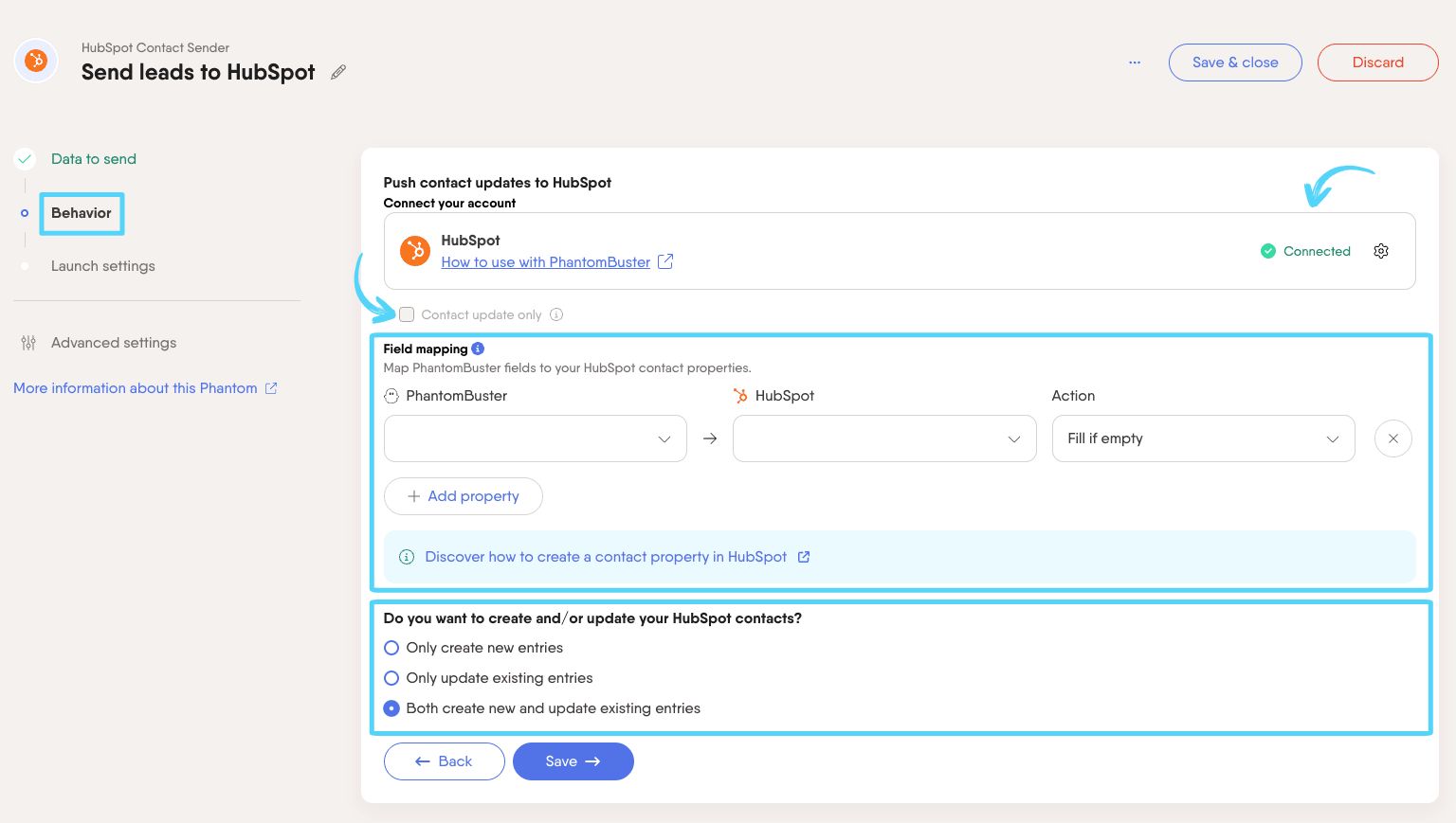 PhantomBuster HubSpot Contact Sender step 2 connecting your HubSpot account and field mapping
