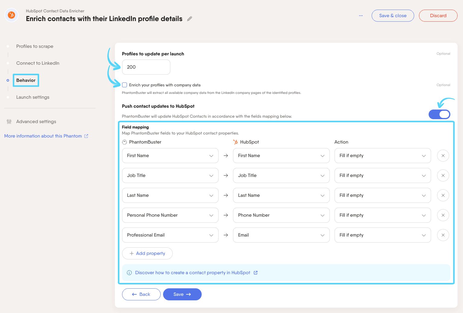 PhantomBuster HubSpot Contact Data Enricher step 3 configuring enrichment options and field mapping
