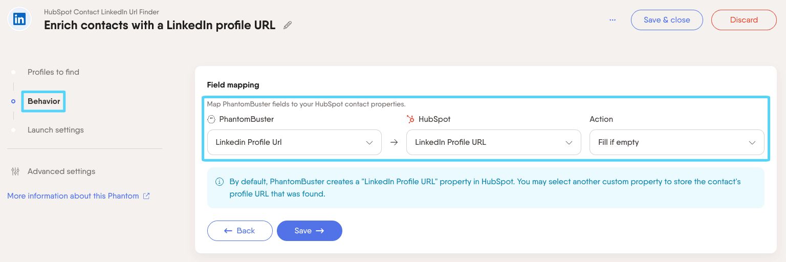 PhantomBuster HubSpot Contact LinkedIn URL Finder step 2 mapping fields to your HubSpot contact properties